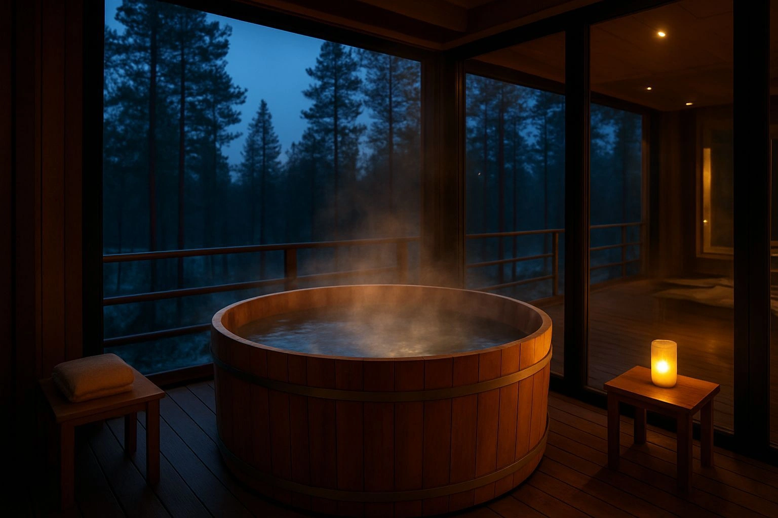 Utendørs badestamp med utsikt til skogen