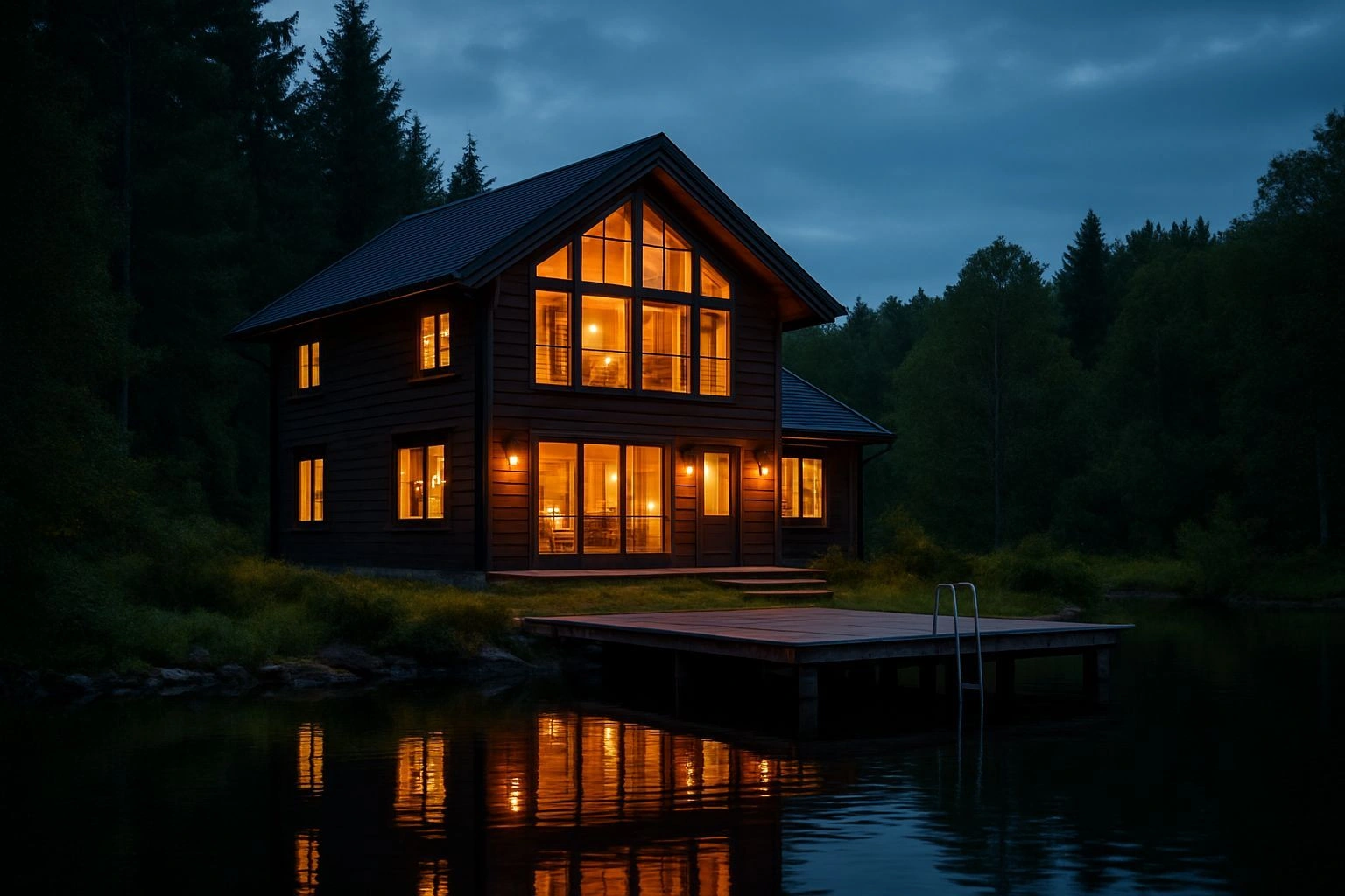 Frittstående hytte ved vannkanten