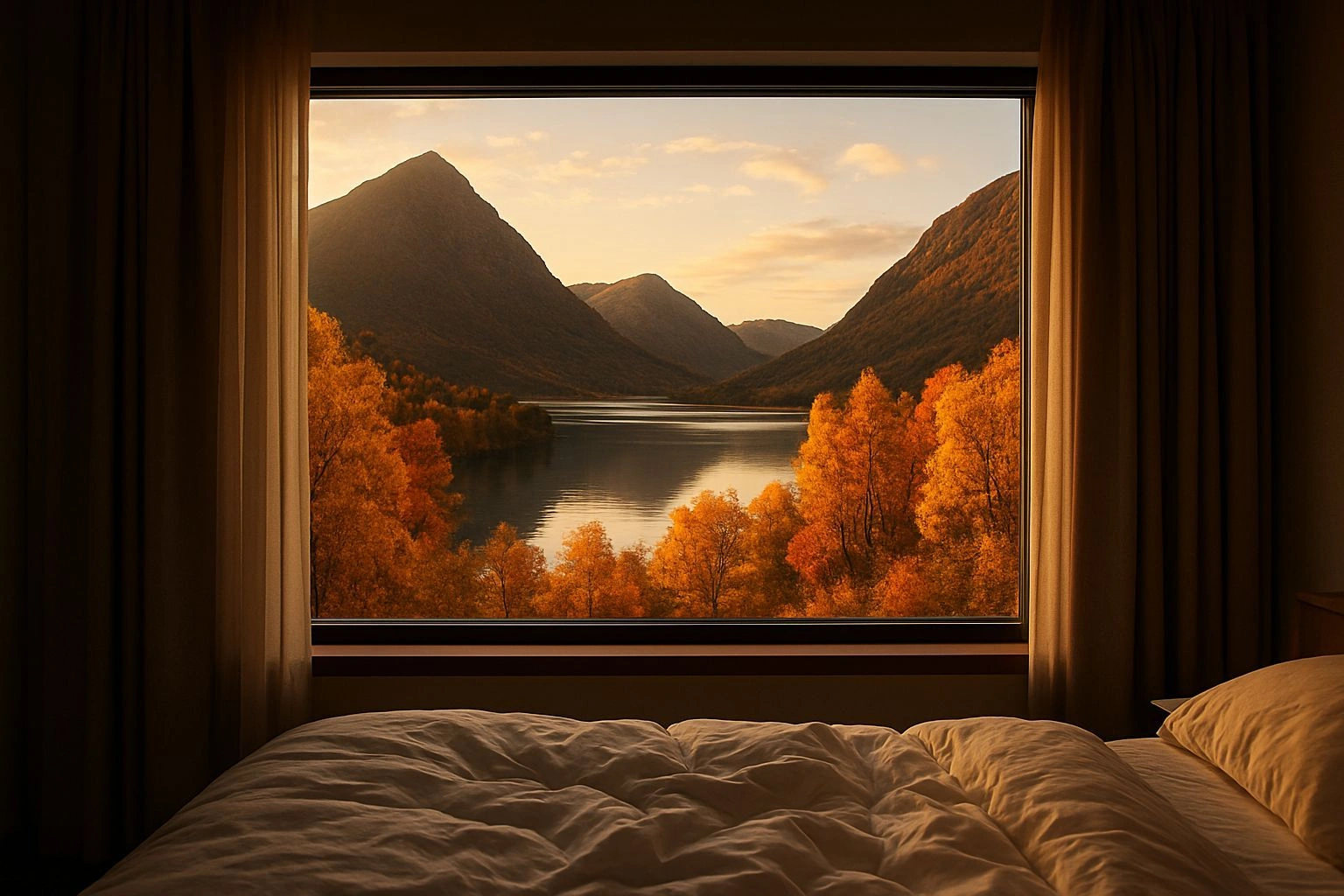 Utsikt fra sengen mot fjellandskap