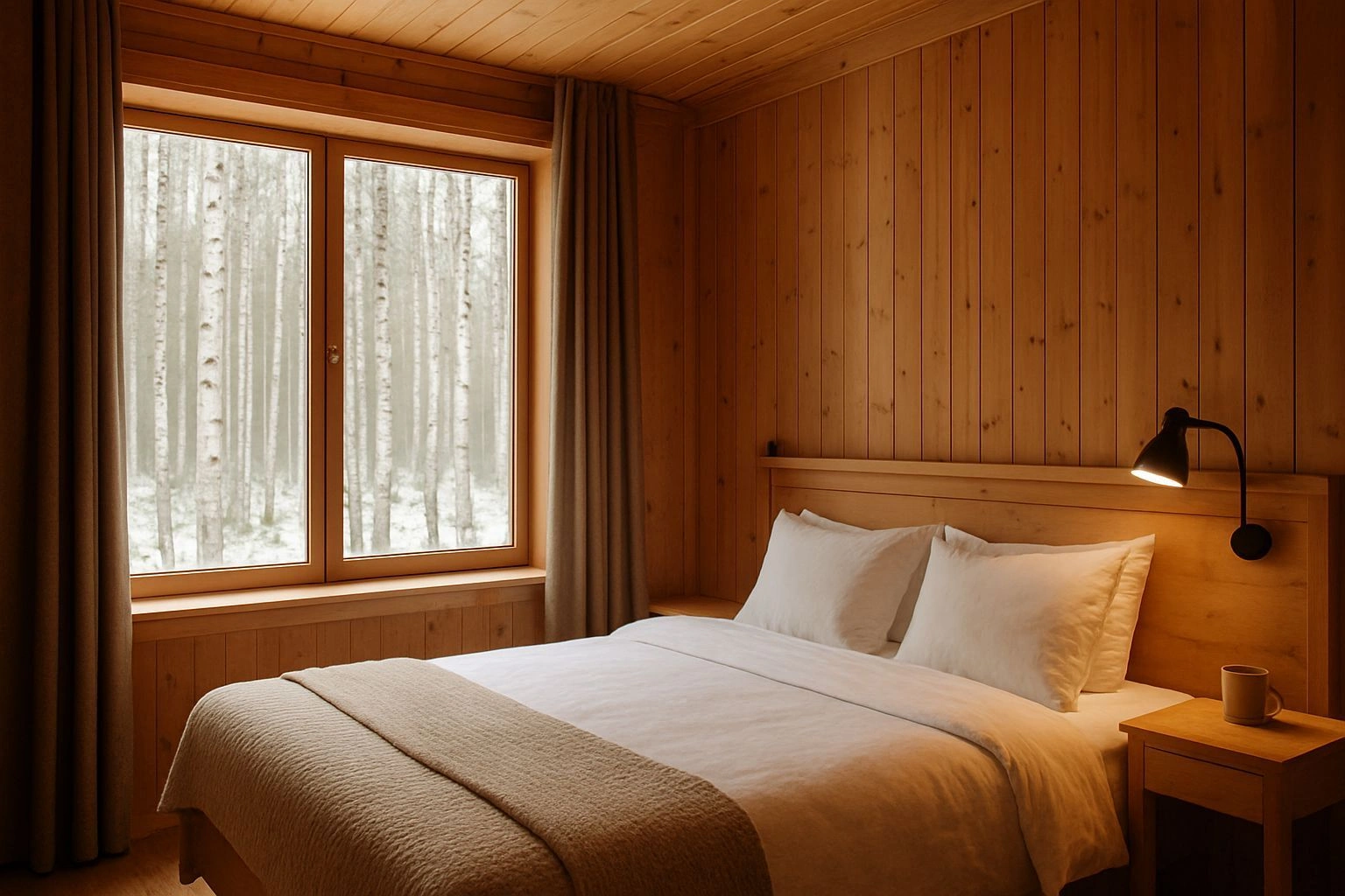 Skogrom med utsikt mot bjørkeskog