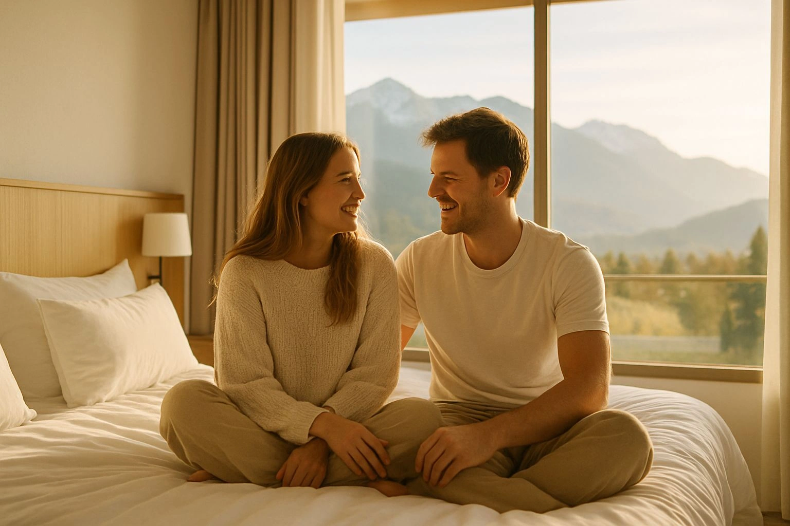 Par som nyter utsikten fra hotellrommet